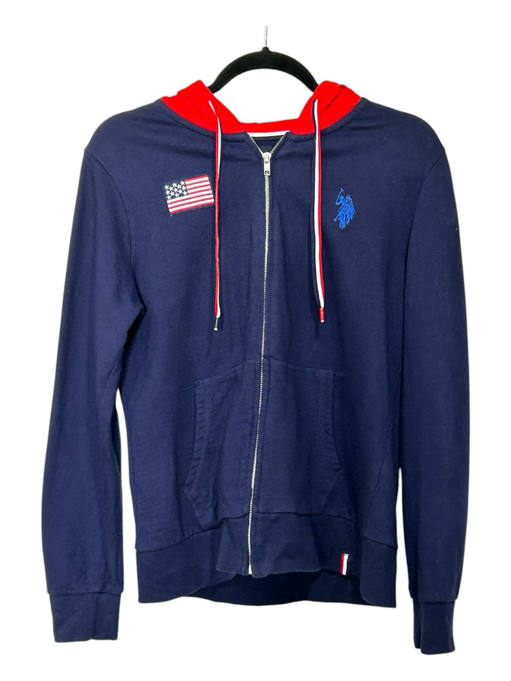 U.S. Polo Assn. Classic Americana Navy Zip-Up Hoodie Red Contrast Hood Sz L